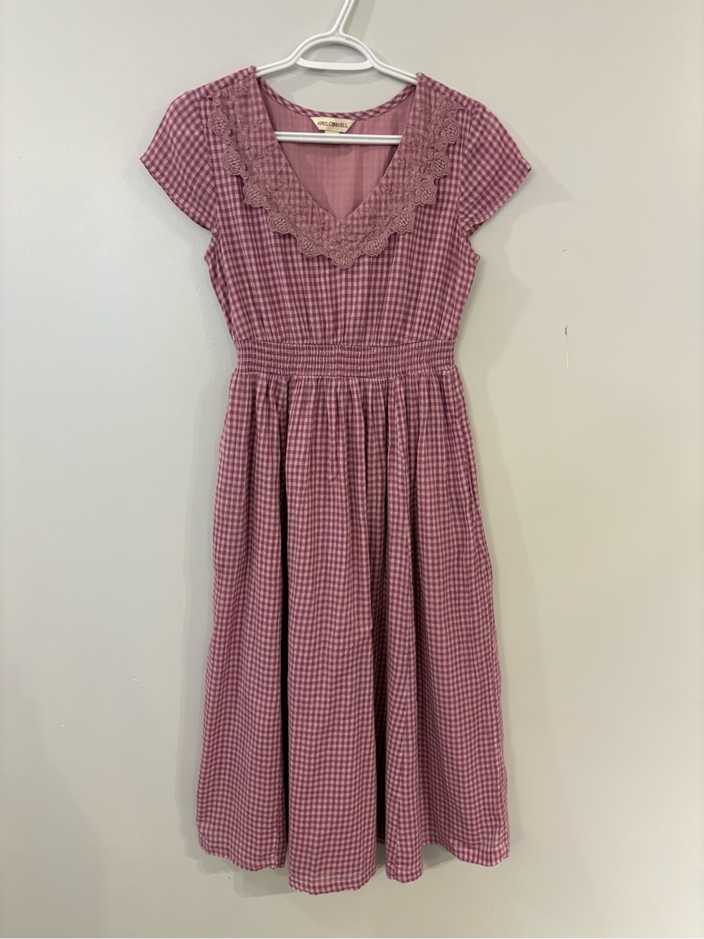 Vintage April Cornell midi dress gingham cotton sweetheart neckline lace detail - Picture 4 of 15